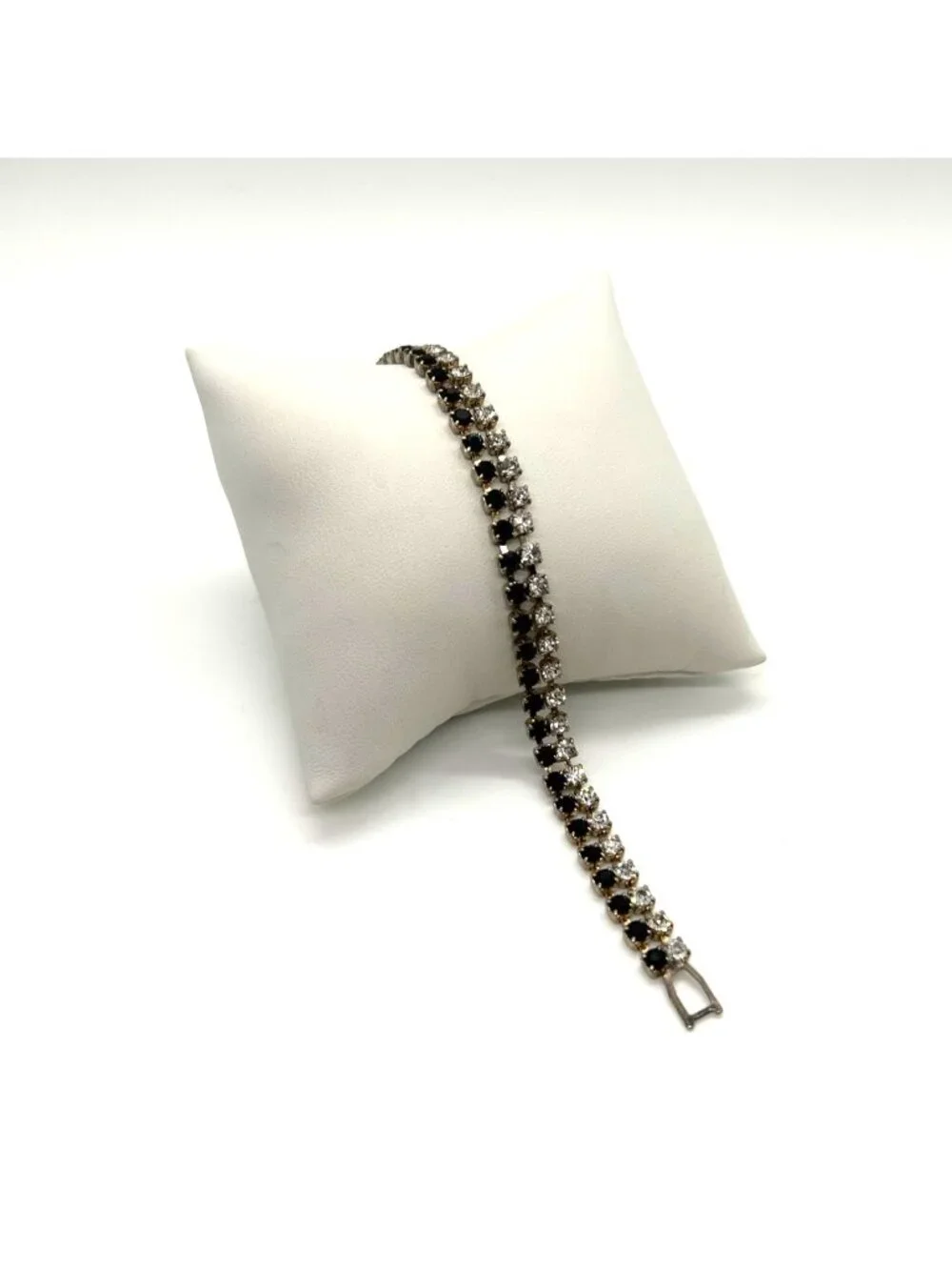 Vintage Tennis Bracelet With Black & Clear Rhinestones Silver Tone 6.5 Inches Lo - Picture 3 of 11